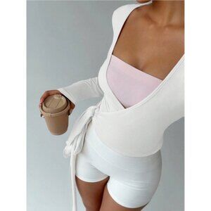 White V-Neck Long Sleeve Tie Side Wrap Shirt